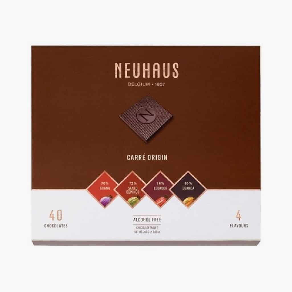 <strong>Neuhaus Carré Origin</strong><br />A selection of dark chocolate squares with a rich palette of flavours from the most exclusive cocoas in the world, all made in Belgium with sustainably sourced cocoa.